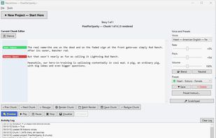 The NarraVoice Workspace: A look at a story project using local voice presets. The left-side gutter highlights lines assigned to the fast Kokoro engine (green) and the expressive Qwen3-TTS engine (red). Features include line-by-line voice blending, smart text chunking for long audiobooks, and live backend logs.