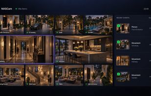 Show 10 camera's with two main cameras at the center. Grid can be rearranged. Recent motion events on the right