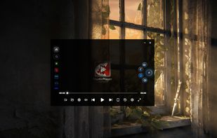 Minimalist crystal glassmorphism media player interface on the desktop with sleek controls.