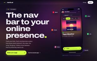 The navb.ar home page, with a live example page.