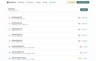 Action plan — reversible one-click fixes: revoke risky links, archive duplicates, and standardize names.