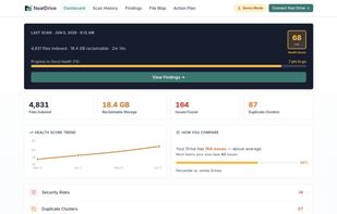 Health dashboard — Drive Health Score, reclaimable storage, and a breakdown of issues found.