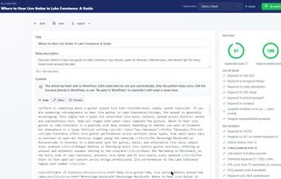 Article editor: the generated article with its title and meta description, scored live for SEO and AI search, with a checklist of what passes.