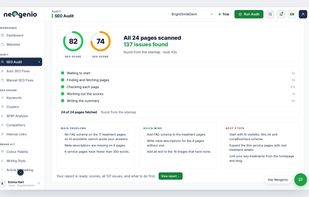 Audit report: Get your SEO and GEO AI audit report for the website, with findings split into main problems, quick wins, and next steps. One-click auto-fix automation and many more improvement suggestions that you can apply to improve your score.