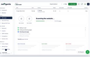 Website Audit: Neogenio generates your current GEO and SEO AI website scores, opens critical high issues, and runs every audit with its page count and scores. 