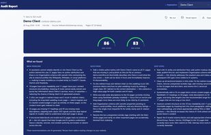 Audit report: a GEO score and an SEO score for the site, with findings split into main problems, quick wins and next steps.