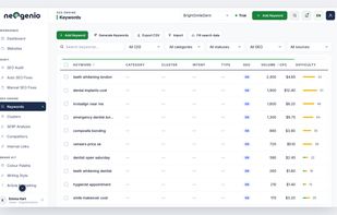 Keyword research: Keywords grouped into clusters with search intent, category and geographic scope, filterable and exportable to CSV.