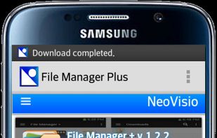 NeoVisio Android client displaying a successful 'Download completed' notification overlay and an integrated progress manager for application binaries.