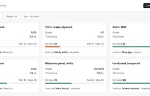 Track materials and inventory with on-hand counts, minimum and maximum levels, and the jobs each item is used on.