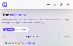 The month: one band per child per night, solid for what happened, hatched for what the custody rhythm predicts.