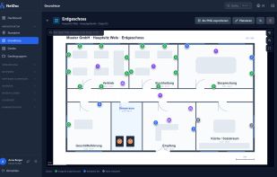 Floor plan with wall outlets, access points, printers and racks (UI in German)