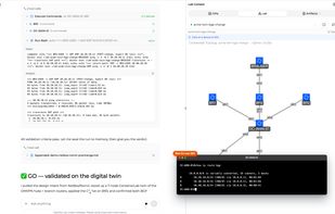 The NetPilot agent builds and validates a multi-vendor lab from a plain-English request (left), with the live topology and a real device CLI over SSH (right). Engineers can check every step by hand on the devices.