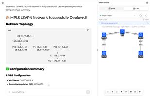 Agent chat, live lab topology, and a real device CLI over SSH — the agent builds the lab, you verify it on the devices.