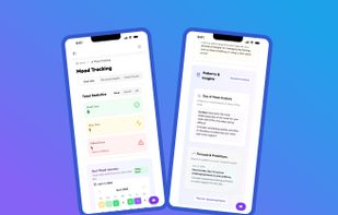 Two mobile screens showing NeuroParent’s Mood Tracking feature. The left screen displays weekly mood statistics, including counts of great, okay, and difficult days, along with a calendar view. The right screen shows patterns and insights, such as day-of-week analysis and mood forecasts based on past patterns. 