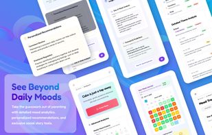 A collage of screens from NeuroParent showing mood analysis, personalized recommendations, and journaled insights. Features include weekly patterns, theme tracking, and forecast tools. Text overlay says: “See Beyond Daily Moods” with a focus on taking the guesswork out of parenting.