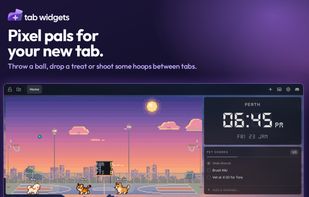 The Pets widget, with three pixel pets (a fluffy dog, a tiger cub and a corgi) on a basketball court at sunset with a scoreboard. Next to it are a digital clock and a reminders widget of pet chores.