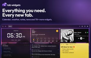 The Tab Widgets new tab page in dark mode over a mountain wallpaper. It shows a Perth digital clock, an hourly weather forecast, a Spotify player, today’s Google Calendar events, an RSS feed of blog posts, and a yellow sticky note of gift ideas.