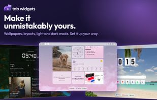 Three new tab setups side by side:
a dark forest theme with a Chicago clock, weather and a Vermeer artwork
a light pastel layout with a dog photo, an analog clock, a weekend note, a quote, a Tokyo trip countdown and a music player
a tropical beach wallpaper with a flip clock, a search bar and shortcut icons