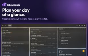 A planning layout with today’s Google Calendar agenda, a Gmail inbox with Inbox, Unread and Starred tabs and quick actions (star, mark read, archive, delete), a Google Tasks list with due dates, and a weather widget.