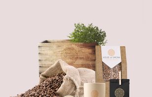 Pictures of clients and their logo on merchandise.