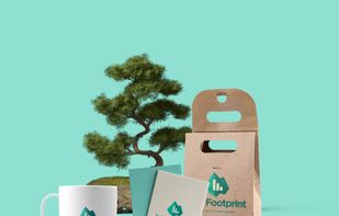 Pictures of clients and their logo on merchandise.