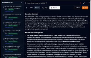 A client briefing with scored source articles and a written take on each story