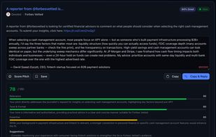 3. AI evaluates your pitch based on the journalist's history, their outlet's style, your expertise, and dozens of other factors — with actionable suggestions to improve