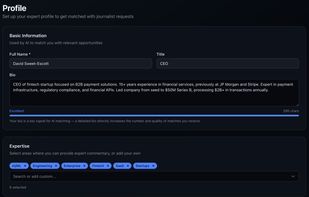 2. Set up your expertise profile — AI matches you with relevant journalist requests