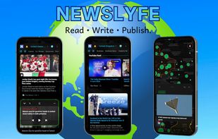 NewsLyfe mobile interface views and the global OSINT geopolitical map.