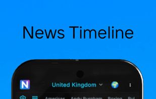 NewsLyfe mobile app screenshot showing the News Timeline feature with live news updates and articles.
