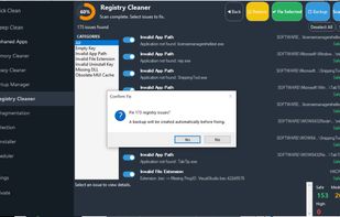 Registry Cleaner — scans for invalid entries, shows risk level per issue, and backs up automatically before fixing.