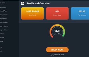 Dashboard overview with system status score and one-click Clean Now.