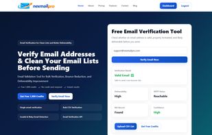 NexMailPro email verification homepage showing real-time email validation tool and bulk email cleaning interface.