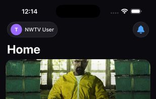 Start every session with a personalized featured pick. NextWatchTV's Home screen surfaces your top match — here, Breaking Bad at 74% — with genres, streaming service, IMDb rating, and a "Watch Next" carousel of more recommendations underneath.