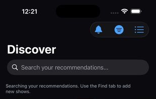 The Discover tab lets you narrow your recommendations by genre (Drama, Adventure, Political, Legal), streaming service (Netflix, Amazon Prime, AMC+, and more), or both at once. Every result is a completed series with its match score, run dates, episode count, and "Ended" badge on display.