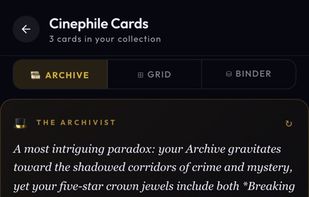 Finish a show, earn a collectible card — with rarity, traits, and a private review on the back.