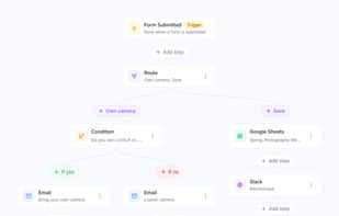 Workflows: branch on answers, send emails, add rows to Google Sheets and post to Slack when a form is submitted.