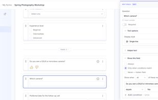 The builder: drag-and-drop questions across pages, with conditional logic that shows a question only when an earlier answer matches.