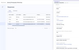 Responses in a searchable table, with each submission's answers and uploaded files one click away.