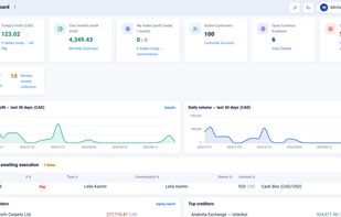 Dashboard: daily and monthly profit, open currency positions, receipts awaiting collection, top debtors and creditors.