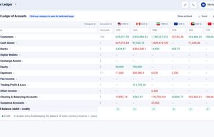 General ledger: every account in every currency, with running balances, filters and drill-down to the source document.