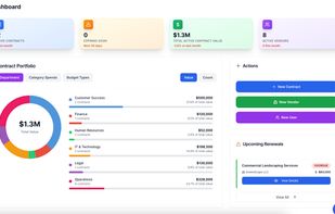 View all active contracts, combined value, and spend by vendor/category. Approval queue for pending items. Activity feed tracks changes. Built-in Simba AI lets you query contracts using natural language. Spend analytics with visual charts.