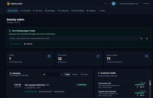 Merchant overview dashboard: shareable booking link, today’s confirmed bookings, monthly session count, active customer credits, today’s schedule with verify/complete actions, and prepaid credit balances per customer.
