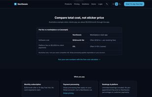 Pricing page comparing NextSessio’s flat $29/month fee and 0% platform cut against marketplace-style booking apps that often charge per-booking or revenue-share fees. Illustrative example for ~$5,000/month in client payments.
