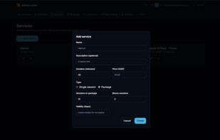 Create a prepaid package: set name, duration, price, number of sessions, optional bonus sessions, and validity period. Supports both single sessions and multi-session packs.