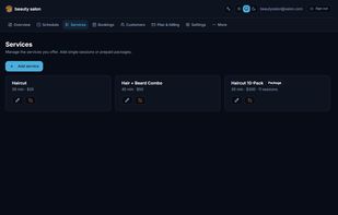 Services management screen listing single sessions (e.g. Haircut, Hair + Beard Combo) and prepaid packages (e.g. Haircut 10-Pack with session count). Add, edit, or hide services from the public booking page.