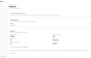 State detail view showing threshold progress, revenue and transaction counts, and nexus rules
