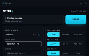NeyraX 1.4.1 controller dashboard showing the engine status, Fortnite game window, GPU profile and aim controls.
