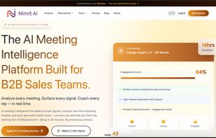Nimitai's AI-powered sales intelligence platform gives B2B SaaS sales teams a complete view of rep performance, deal health, and pipeline risk — all in one dashboard. Built as a Gong alternative for seed-to-Series B companies without enterprise budgets.