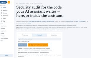 Home: paste a public GitHub URL for a free scan, or set up your assistant.